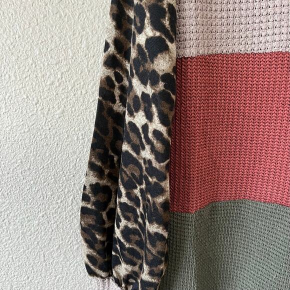 Leopard Animal Print Balloon Sleeve Waffle Knit Color Blocking Fall Blouse - Picture 5 of 10